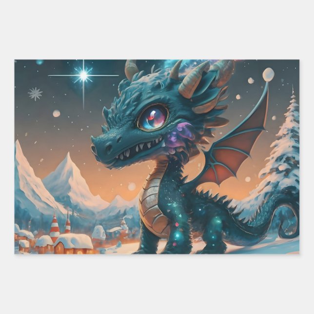 Mystical Chibi Dragon Winter Landscape  Wrapping Paper Sheet (Front)