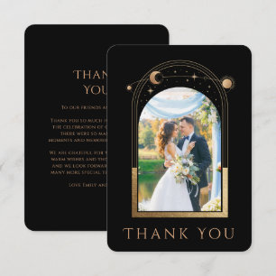 Mystical Chic Black Gold Star Moon Photo Wedding Thank You Card