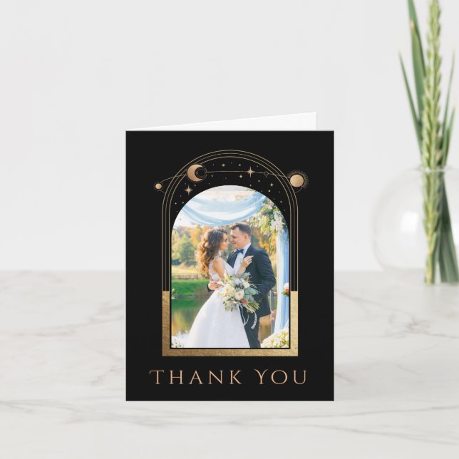 Mystical Chic Black Gold Star Moon Photo Wedding Thank You Card (Front)