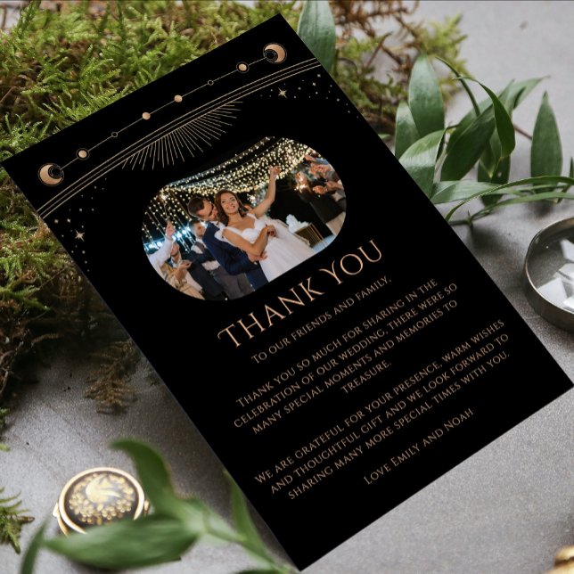 Mystical Chic Black Gold Star Moon Photo Wedding Thank You Card (Creator Uploaded)