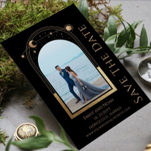 Mystical Chic Black Gold Sun Moon Star Space Save The Date