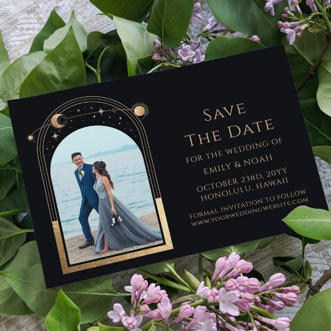 Mystical Chic Black Gold Sun Moon Star Space Save The Date (Creator Uploaded)