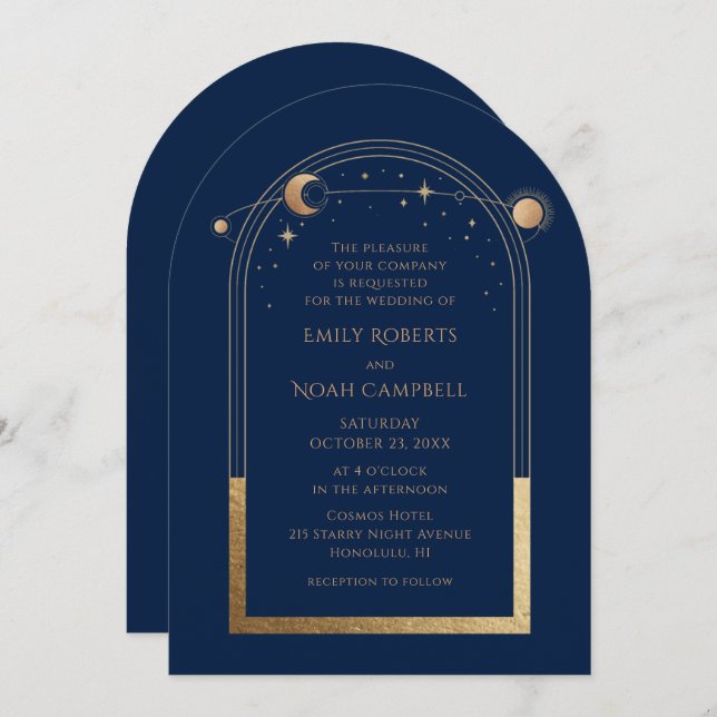 Mystical Chic Blue Gold Star Moon Astronomy Space Invitation (Front/Back)
