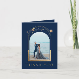 Mystical Chic Blue Gold Star Moon Photo Wedding Thank You Card