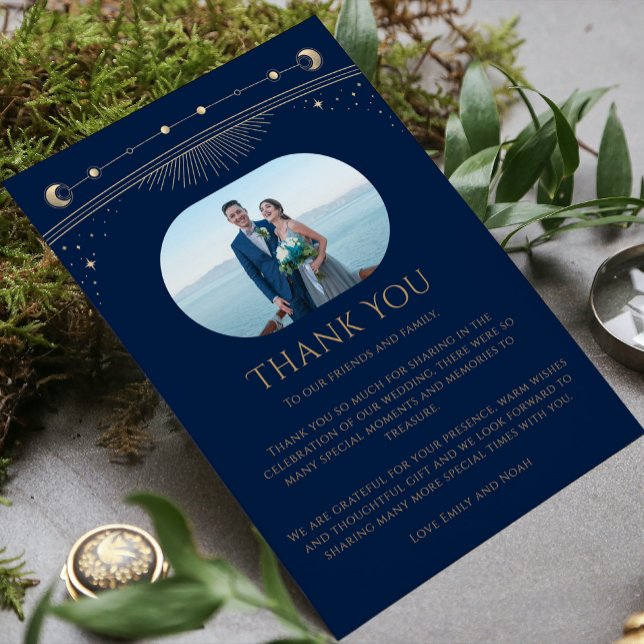 Mystical Chic Blue Gold Star Moon Photo Wedding Thank You Card (Creator Uploaded)