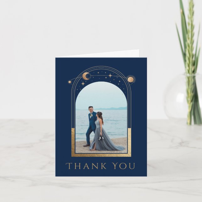 Mystical Chic Blue Gold Star Moon Photo Wedding Thank You Card (Front)