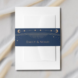 Mystical Chic Blue Gold Sun Moon Stars Wedding Invitation Belly Band