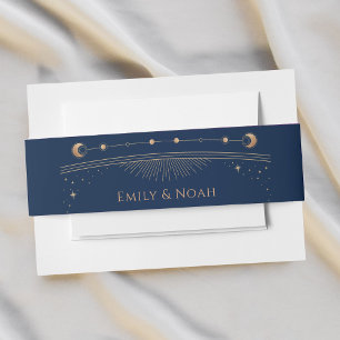 Mystical Chic Blue Gold Sun Moon Stars Wedding Invitation Belly Band