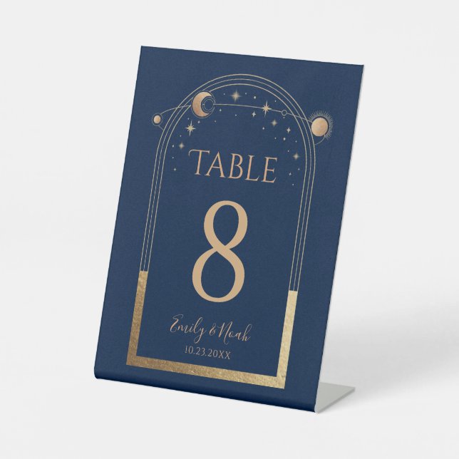Mystical Chic Blue Gold Sun Moon Stars Wedding Pedestal Sign (Front)