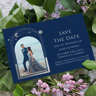 Mystical Chic Blue Silver Celestial Wedding Save The Date