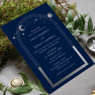 Mystical Chic Blue Silver Star Moon Photo Space Invitation