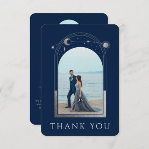 Mystical Chic Blue Silver Star Moon Photo Wedding Thank You Card