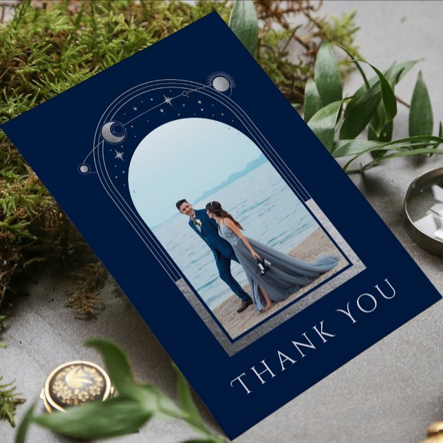Mystical Chic Blue Silver Star Moon Photo Wedding Thank You Card (Creator Uploaded)