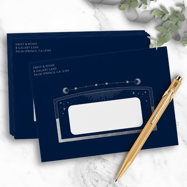 Mystical Chic Blue Silver Sun Moon Stars Wedding Envelope (Creator Uploaded)