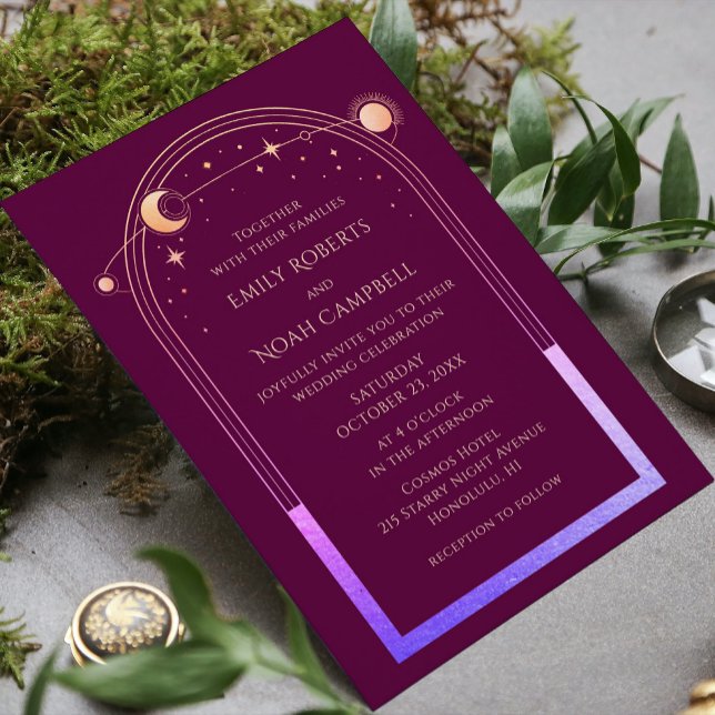 Mystical Chic Fuchsia Gold Star Moon Photo Space Invitation (Creator Uploaded)