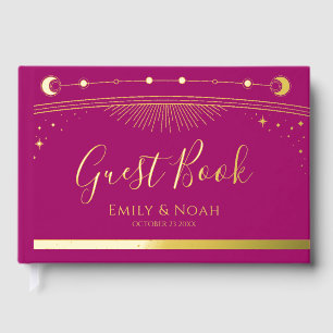 Mystical Chic Magenta Gold Sun Moon Stars Wedding Guest Book
