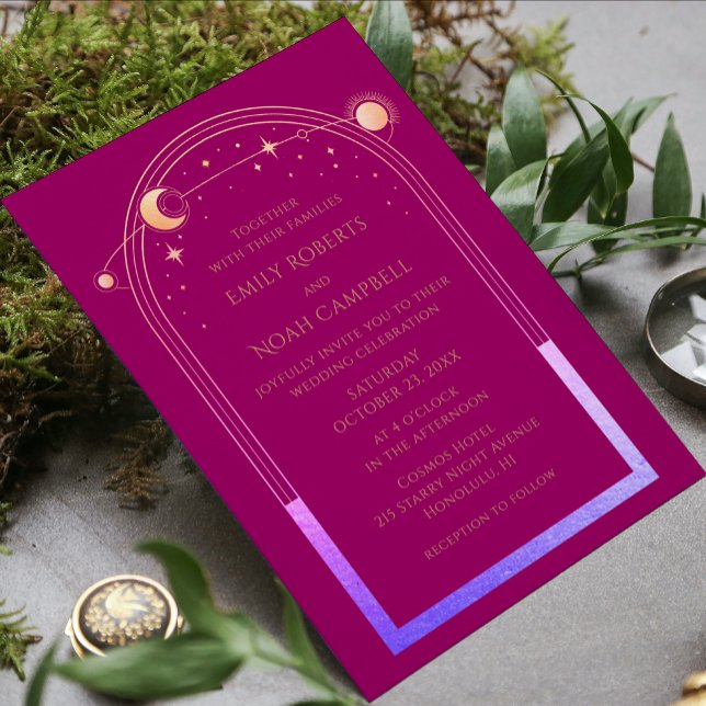 Mystical Chic Magenta Pink Rainbow Star Moon Photo Invitation (Creator Uploaded)