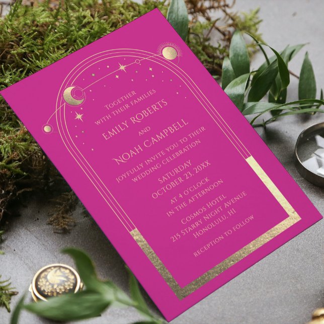 Mystical Chic Pink Gold Star Moon Photo Space Invitation (Creator Uploaded)