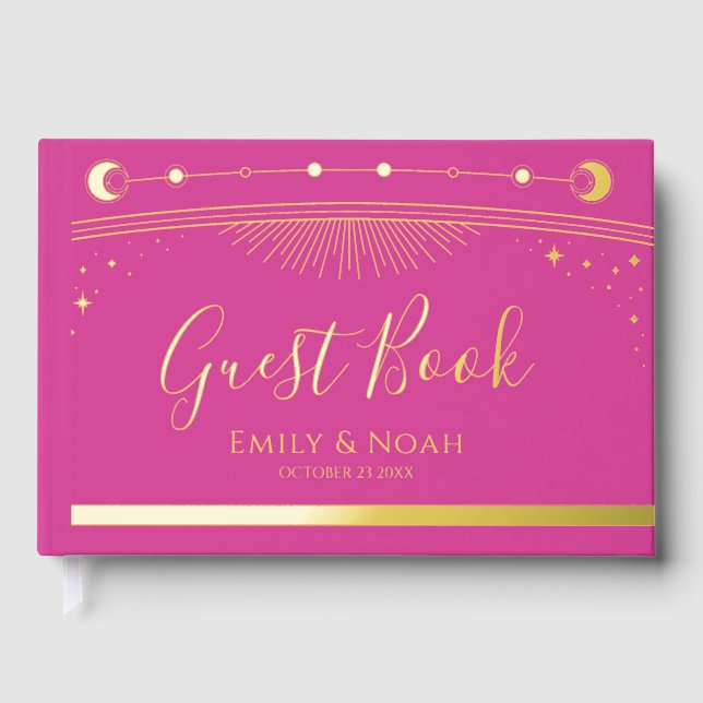 Mystical Chic Pink Gold Sun Moon Stars Wedding Guest Book (Front)