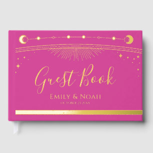 Mystical Chic Pink Gold Sun Moon Stars Wedding Guest Book