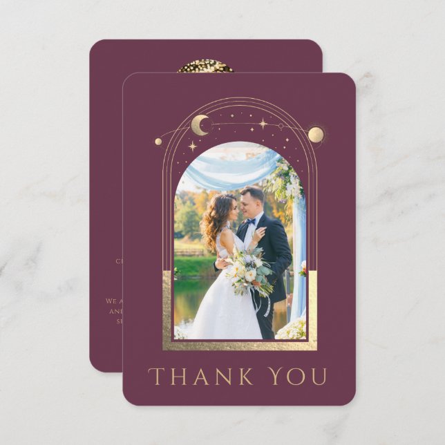 Mystical Chic Plum Gold Star Moon Photo Wedding Thank You Card (Front/Back)
