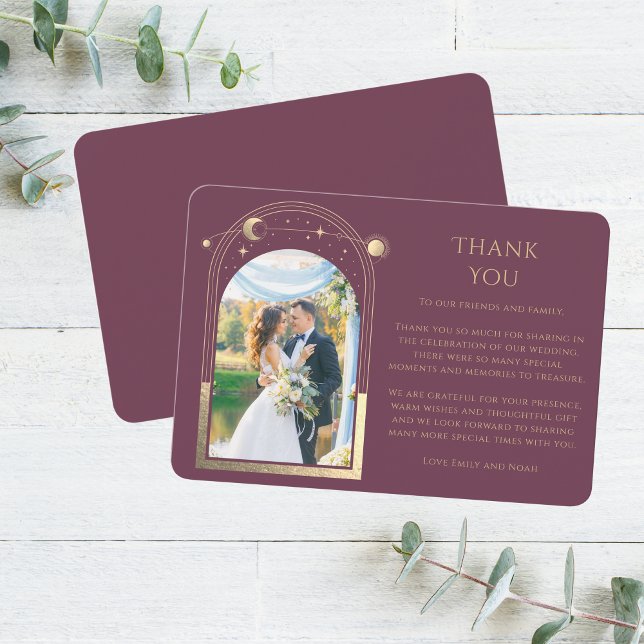 Mystical Chic Plum Gold Star Moon Photo Wedding Thank You Card (Creator Uploaded)