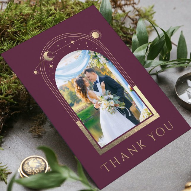 Mystical Chic Plum Gold Star Moon Photo Wedding Thank You Card (Creator Uploaded)