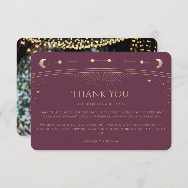 Mystical Chic Plum Gold Star Moon Photo Wedding Thank You Card (Front/Back)