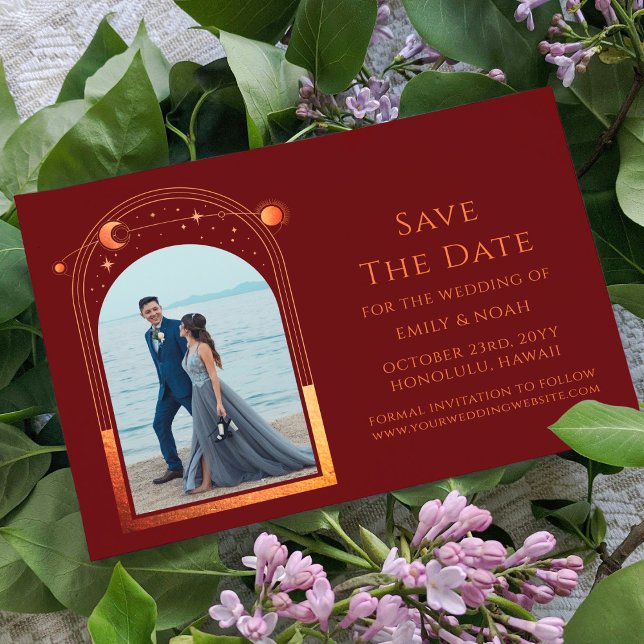 Mystical Chic Red Orange Star Moon Photo Space Save The Date (Creator Uploaded)