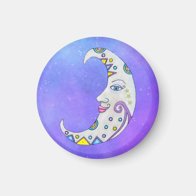 Mystical Crescent Decorated Moon Face Purple Sky  Magnet (Front)
