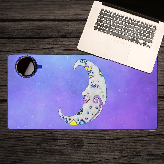 Mystical Crescent Moon Fancy Colourful Decorations Desk Mat (Fantasy crescent moon with face colourful abstract decoration on purple sky on desk mat.)