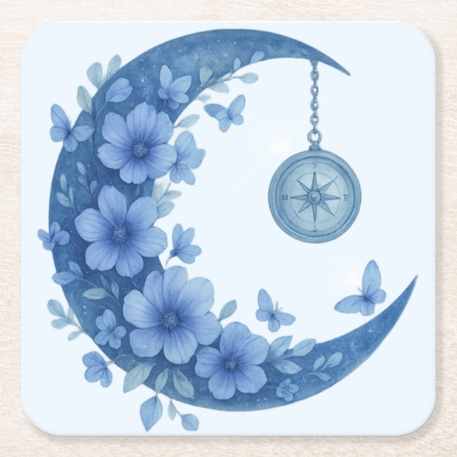 Mystical Crescent Moon Square Paper Coaster (Front)