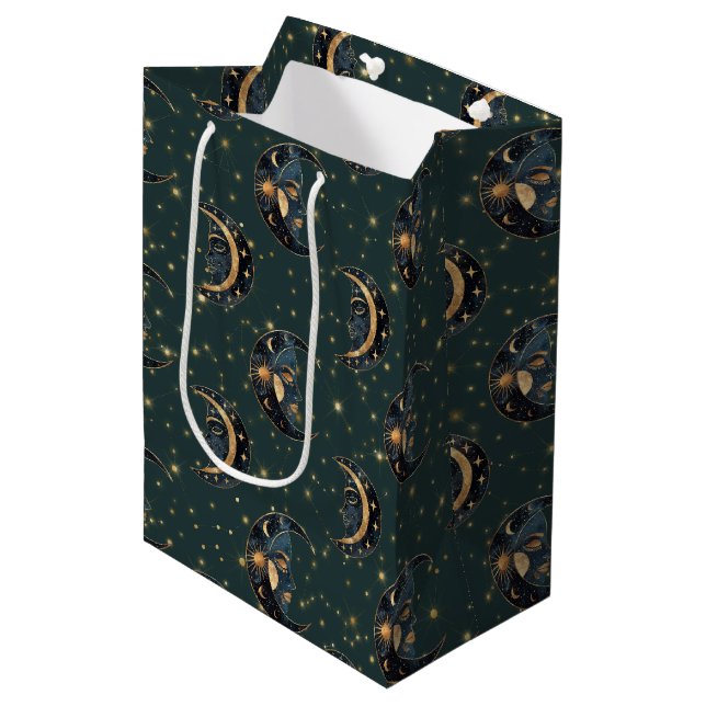 Mystical Crescent Moon Star Pattern Medium Gift Bag (Front Angled)