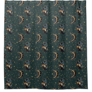 Mystical Crescent Moon Star Pattern Shower Curtain