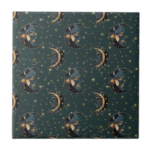 Mystical Crescent Moon Star Pattern Tile