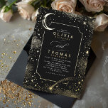 Mystical Crescent Moon Starry Night Boho Wedding<br><div class="desc">This enchanting wedding invitation transports your guests into a stunning nightscape, woven with magic and mystery. It features a luminous crescent moon, a radiant shooting star, and the timeless beauty of distant constellations, each meticulously detailed in the rich, opulent tones of real gold foil. Set against a deep black background,...</div>