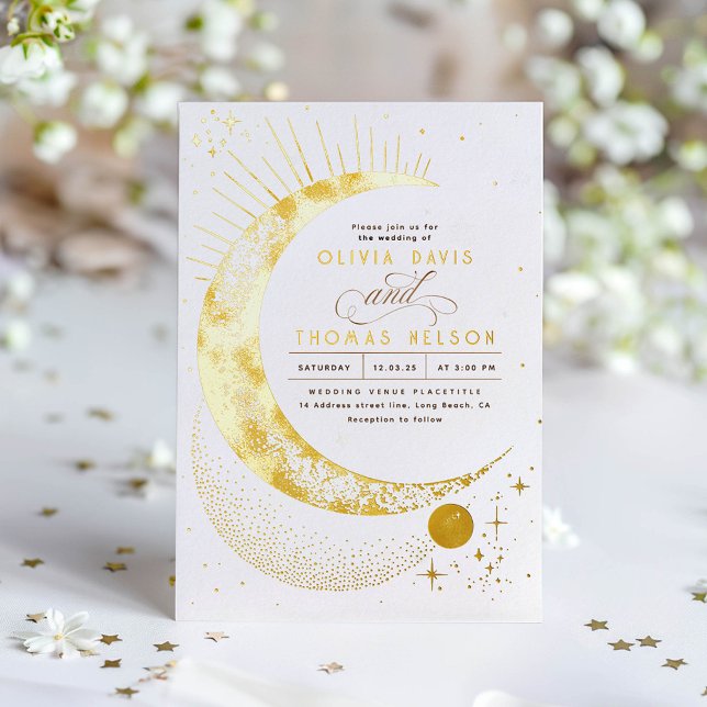 Mystical Crescent Moon Starry Night Boho Wedding (Real Gold Foil Celestial Wedding Invitation)