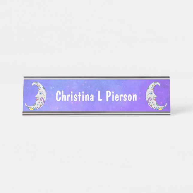 Mystical Crescent Moons Face Abstract Decorations Desk Name Plate (Front)
