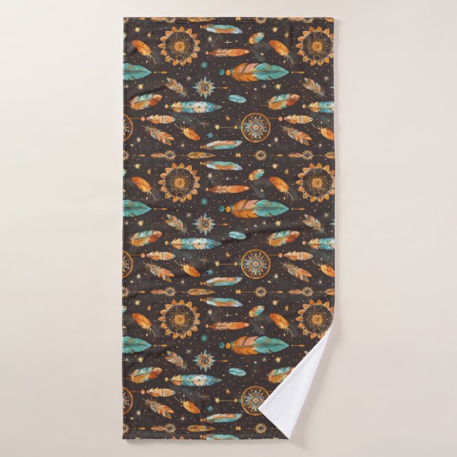 Mystical Dark Boho: Feathers & Dream Catchers Desi Bath Towel Set (Bath Towel)