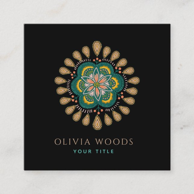 Mystical Dark Boho Floral Mandala Square Business Card (Front)
