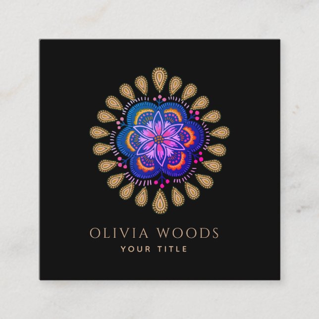 Mystical Dark Boho Floral Mandala Square Business Card (Front)
