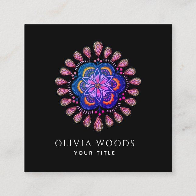 Mystical Dark Boho Floral Mandala Square Business Card (Front)