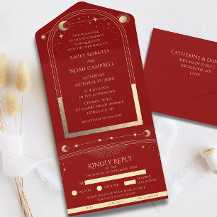 Mystical Dark Red Gold Sun Star Moon Astronomy All In One Invitation