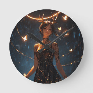 Mystical Deer Antler Girl Butterfly Halo Art Print Round Clock