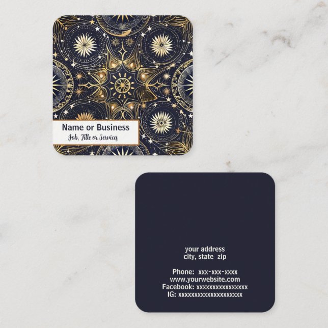 Mystical design in golds and dark blue square business card (Front/Back)