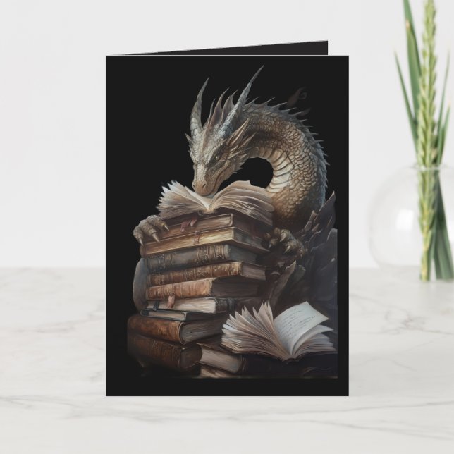 Mystical Dragon Reading Ancient Books Gothic Fanta Card (Front)