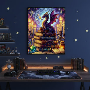 Mystical Dragon Wizard Books Poster