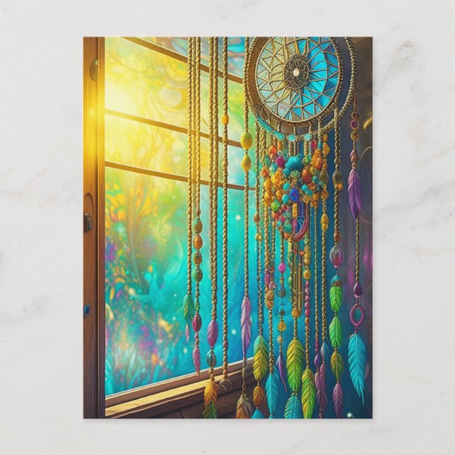 Mystical Dreamcatcher in Window Purple Green Postcard (Front)