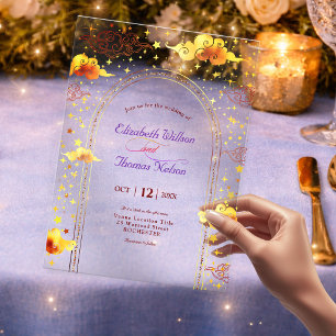 Mystical Dreamy Celestial Yellow Gold Wedding Acrylic Invitations