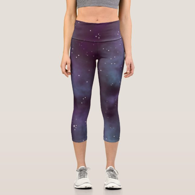 Mystical Dusty Violet Galaxy Capri Leggings (Front)